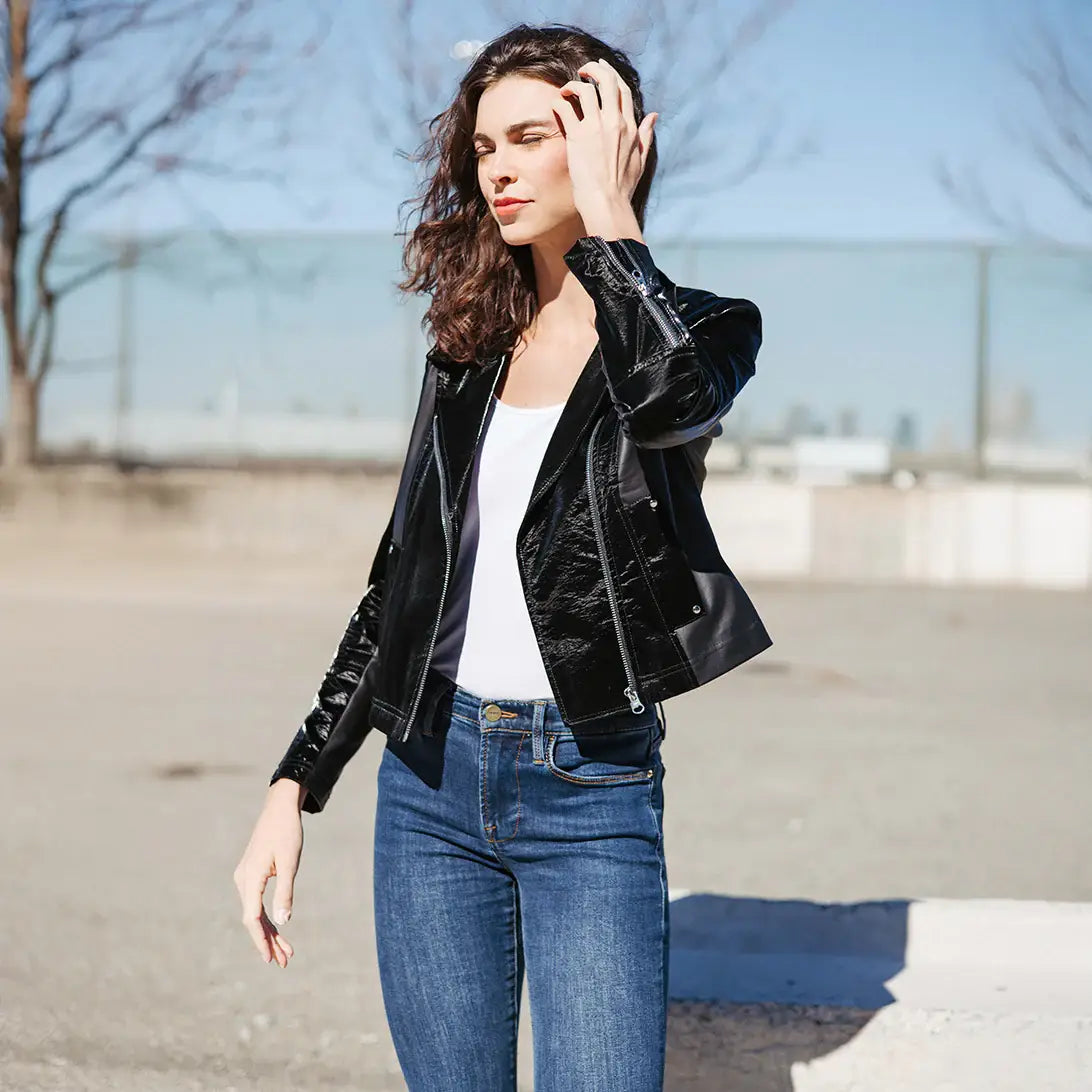 JK225H -Vinyl, Liquid Leather ™ Panel Zip Cuff Pocket Jacket: Black / M