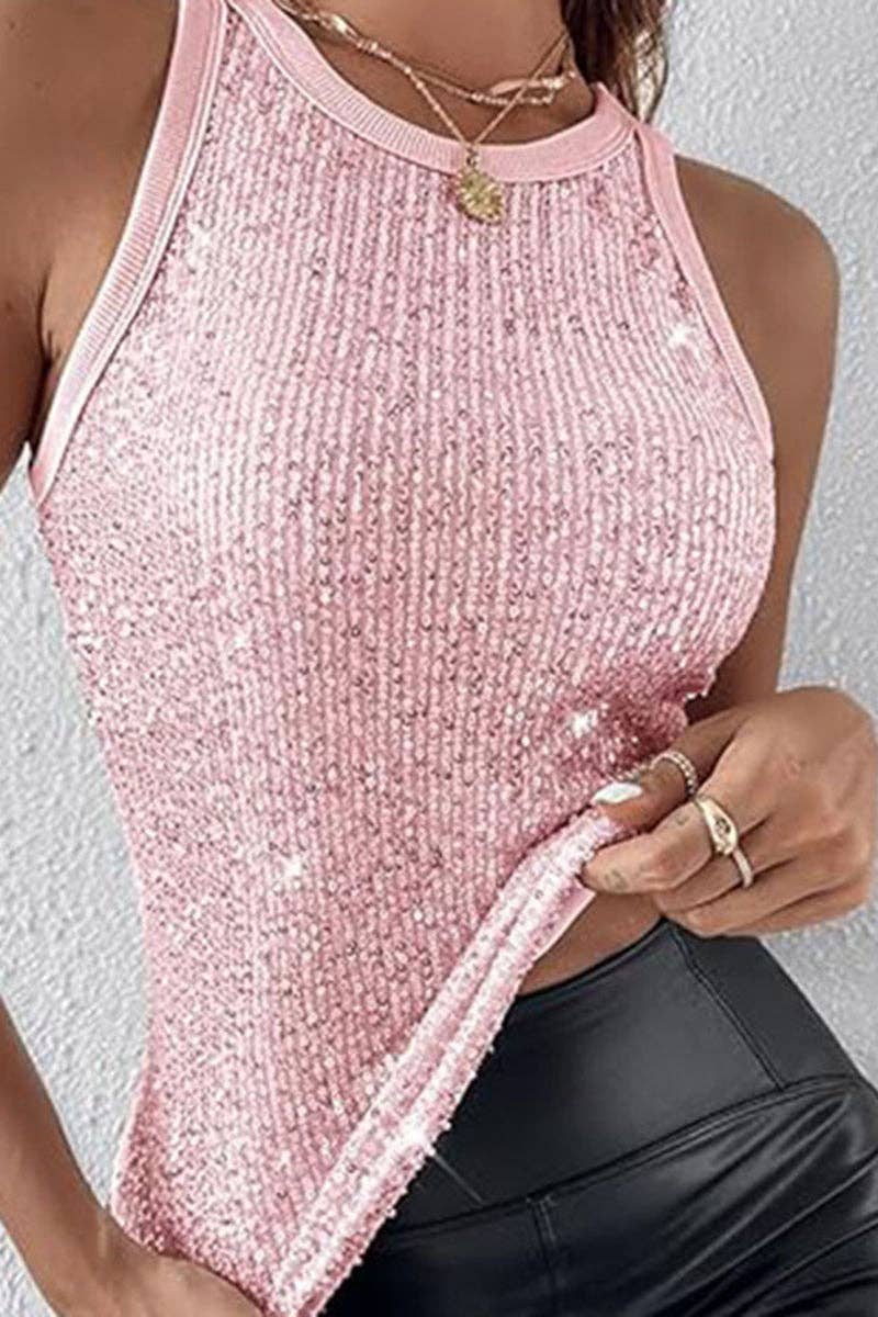 Leopard Print Sequin Tank Top: RED / M
