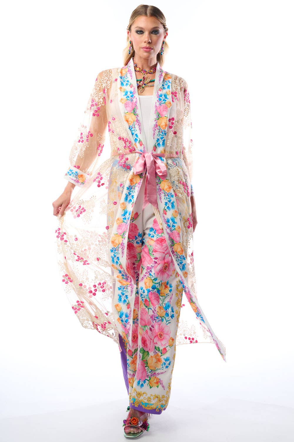 Blossom Duster | Beaded Floral Mesh Coat Robe Coverup: White/Fuchsia/Tea Mesh Combo / M
