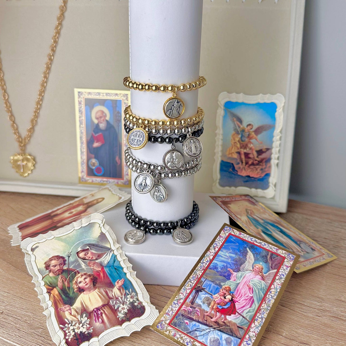 Catholic Medal Saint Stretch Bracelets  & Prayer Cards: Yellow Gold / St. Michael