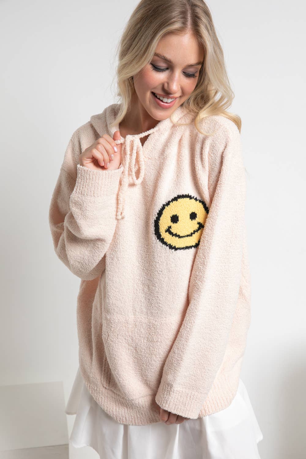 17376W - Fuzzy Cozy Hooded Smiley Sweater: DUSTY BLUE / M/L