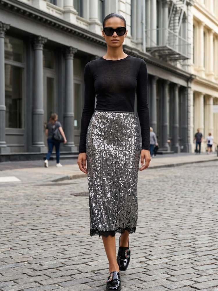 SOHO Women's Sequin & Lace Midi Skirt Prêt-à-Porter BYMANYC ® NY: Silver / S