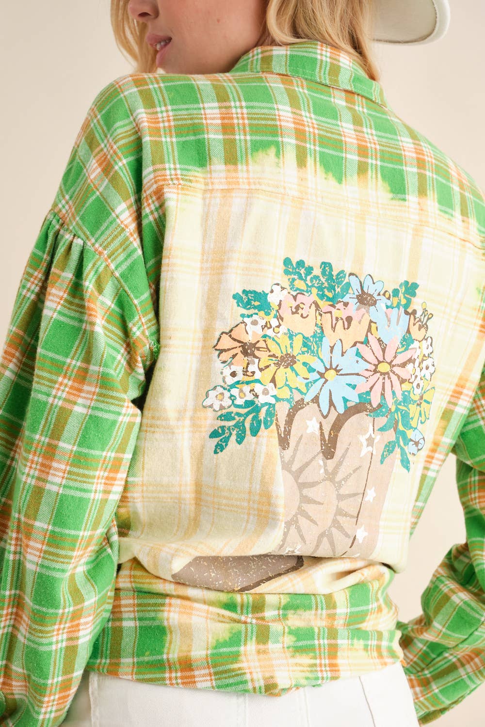 32481T - Cowboy Boots Graphic Back Plaid Oversized Shirt: GREEN / MEDIUM