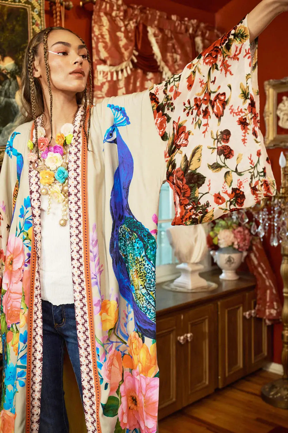 Fantasy Kimono - Beige |Peacock Mesh Sleeve Romantic Robe: Soft Moon / One Size