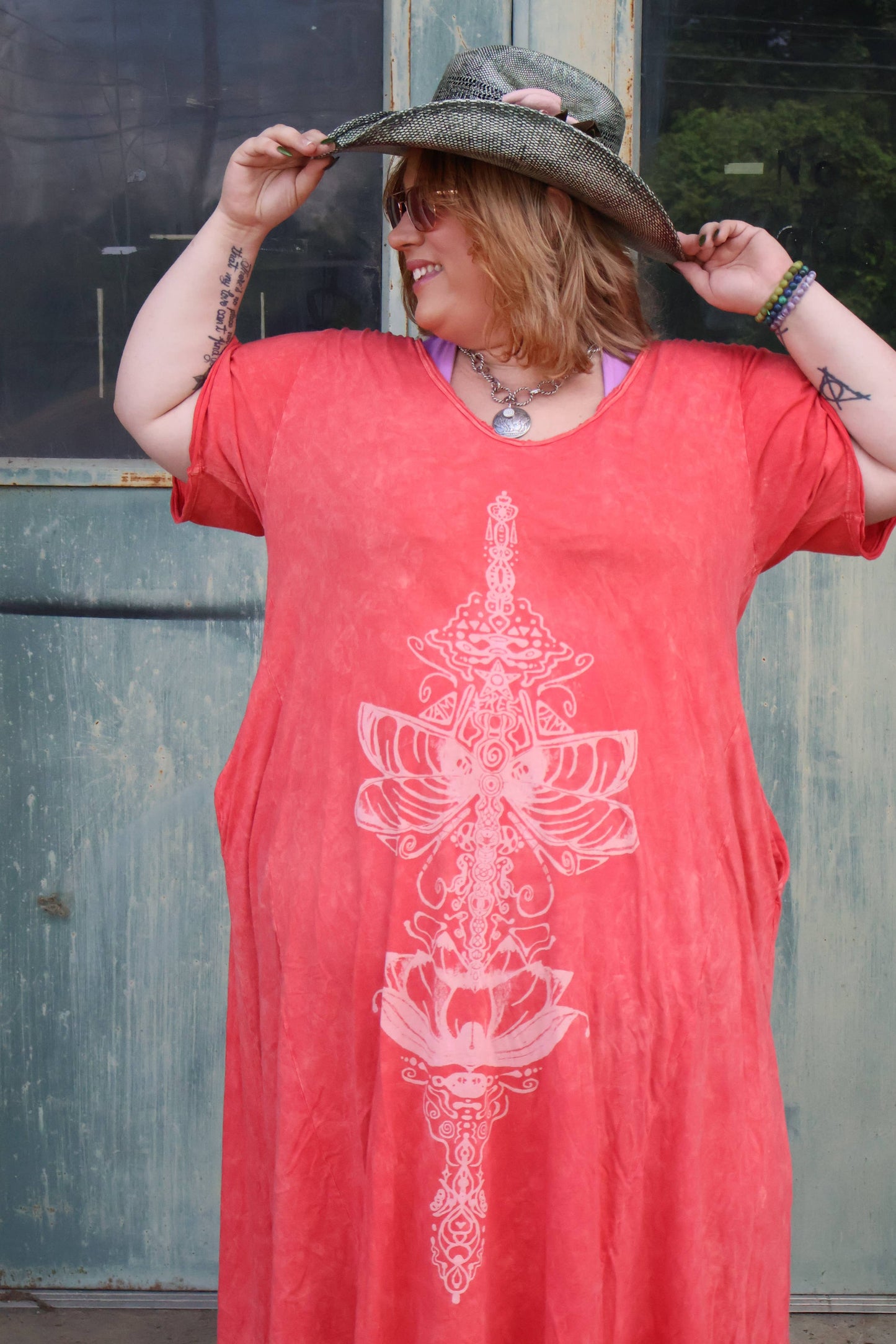 Kantha Bae Dream Tee Maxi Dress - Coral Boho Hippie Graphic
