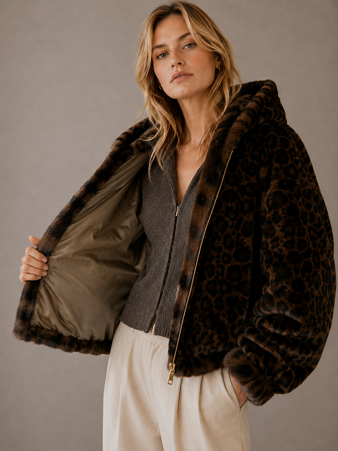 Oyster Bay Jacket — Hooded Faux Fur Zip Jacket: Espresso Leopard / S/M