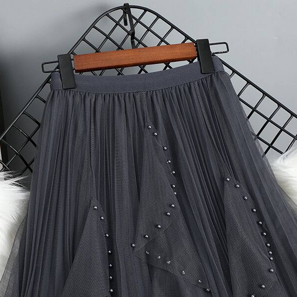 BEADED MESH PLEATED SKIRT A LINE TULLE SKIRT_CWBLS0398: COFFEE / (OS) 1