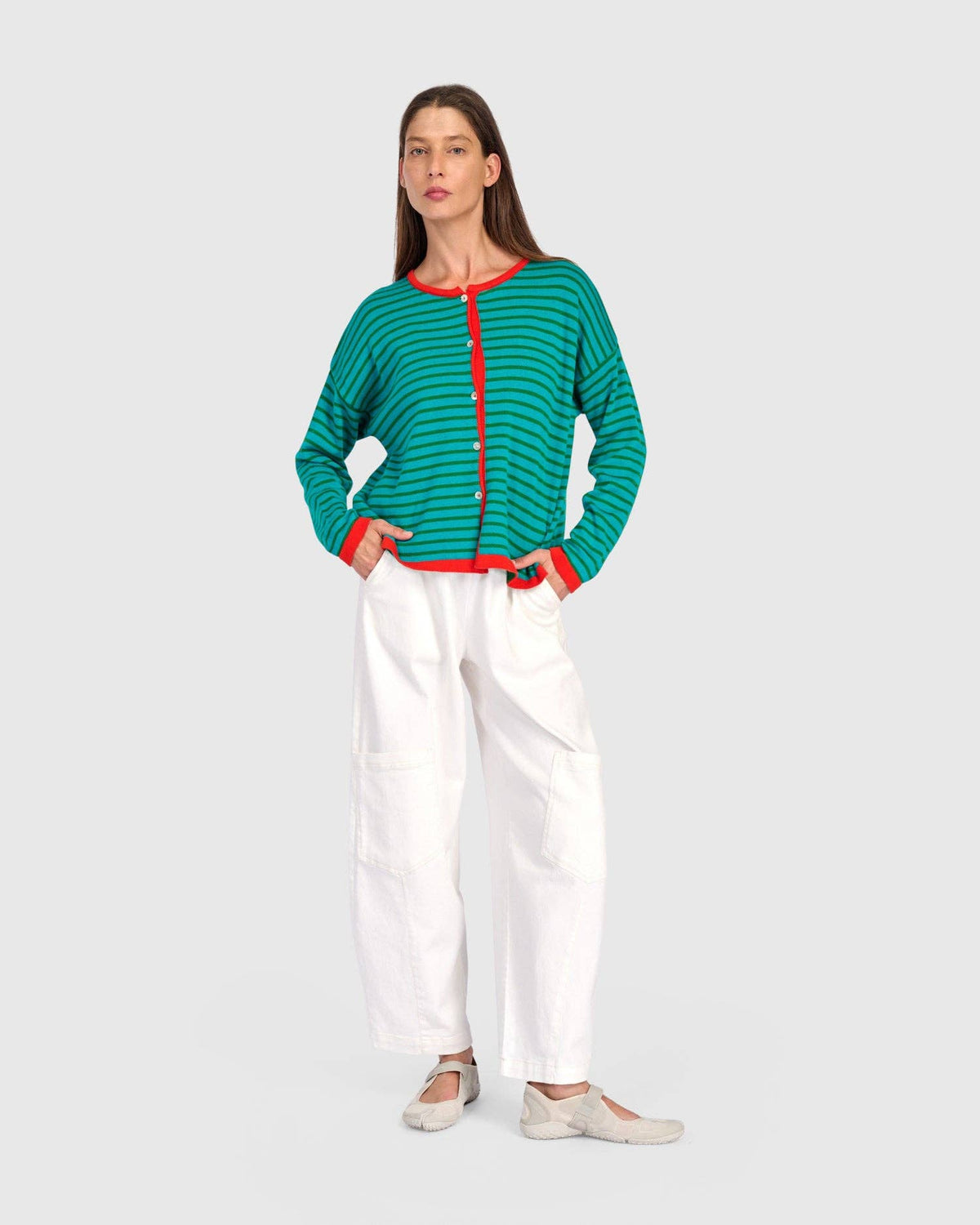 Thimble Trimmed Cardigan, Teal: Green / ONE SIZE