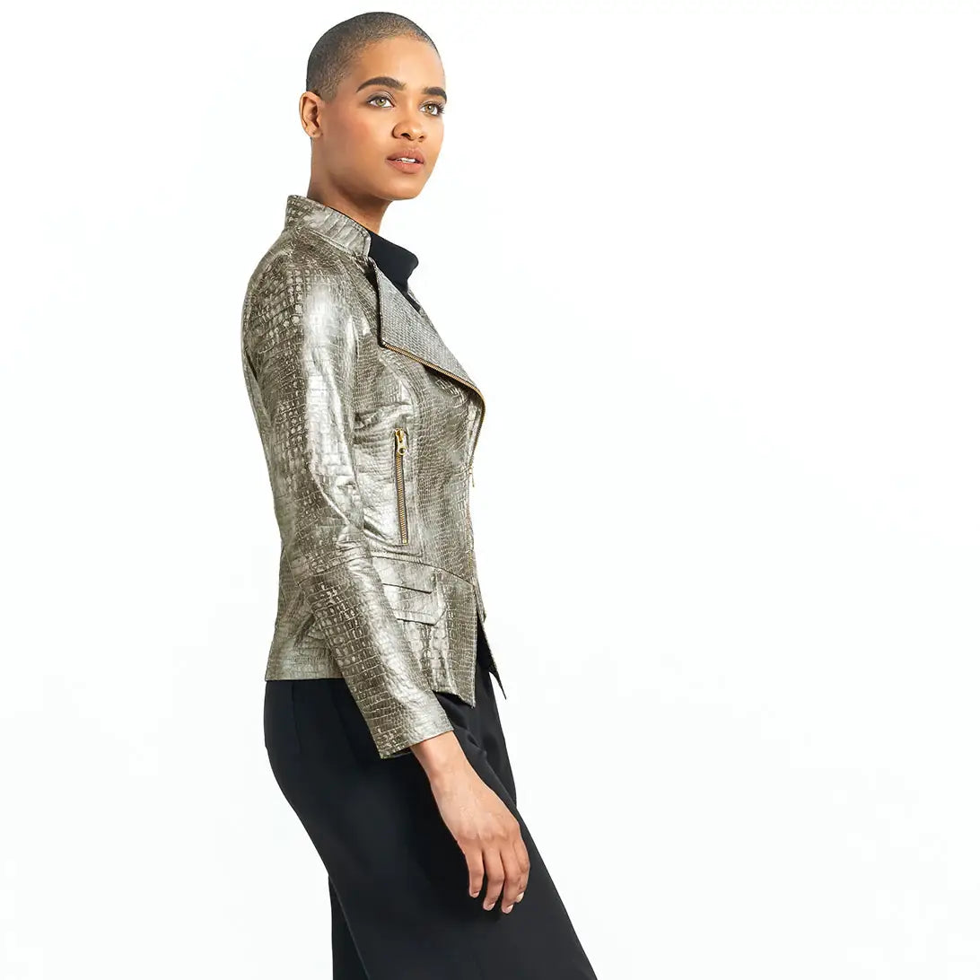 JK75P - Liquid Leather ™ Textured Biker Jacket - Croc Print: OLIVE / M