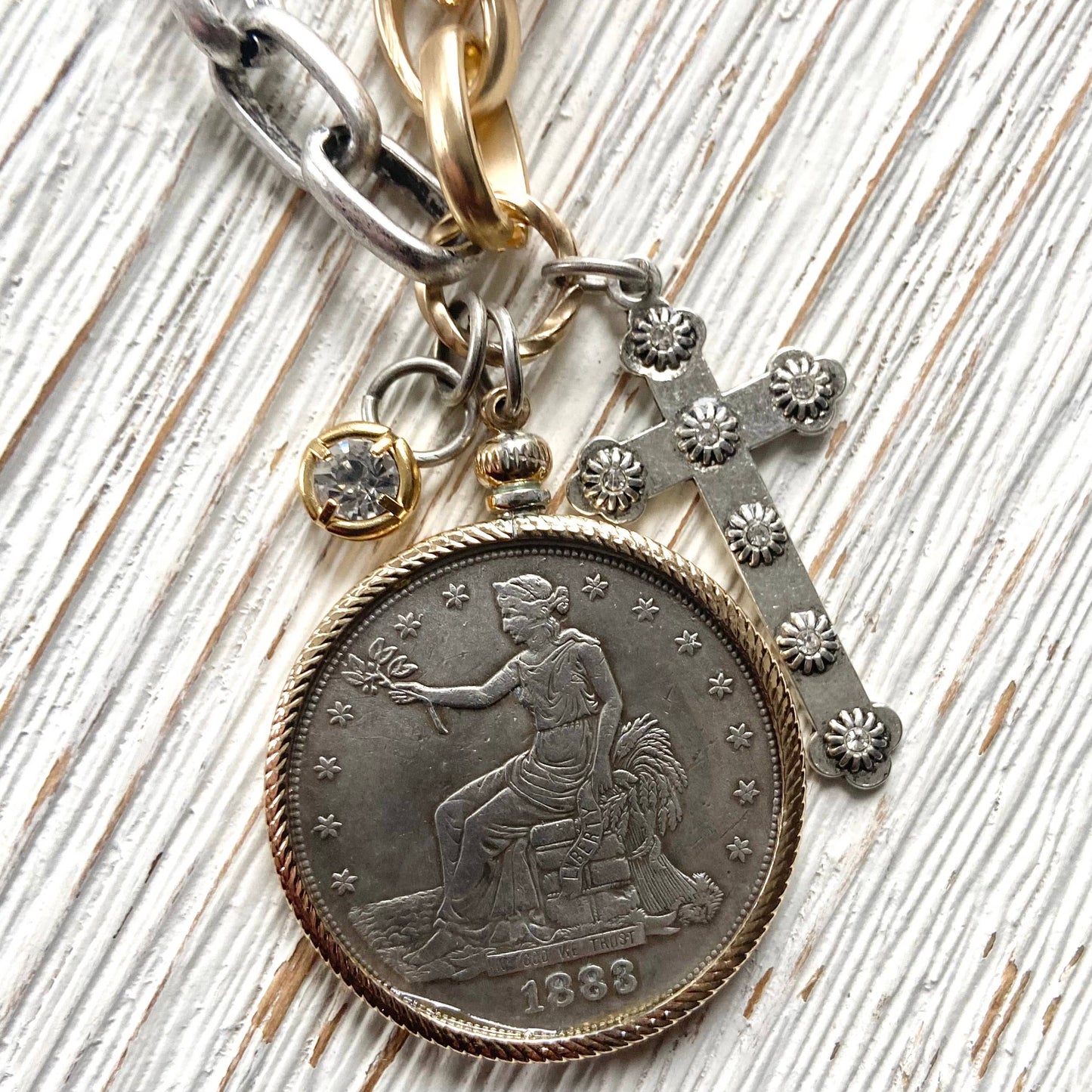 Coin necklace mixed metal jewelry vintage boutique jewelry