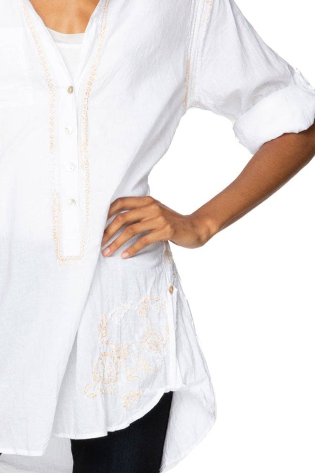 Boyfriend White Cotton Shirt with Lurex Embroidery - Subtle Luxury