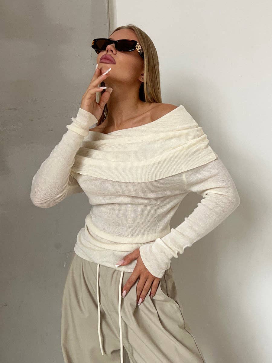 Off-Shoulder Knitted Top Slim Fit Solid Color Long Sleeve Pullover: Oatmeal / M