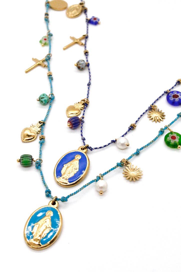 Long Religious Saint and Charm Necklace - N2-2619: Turquoise