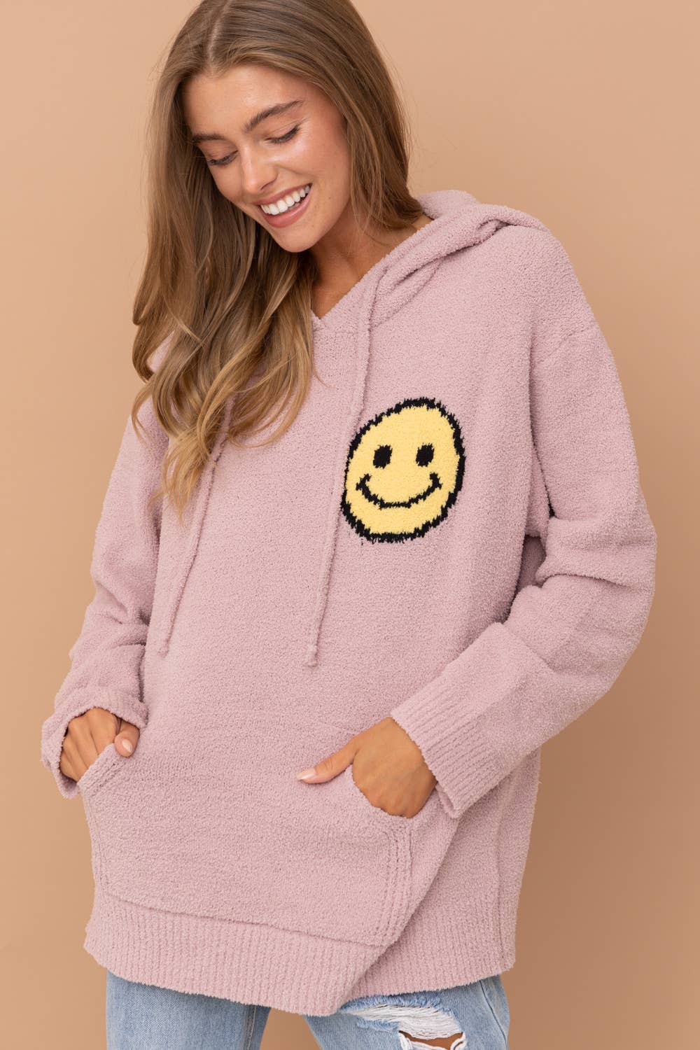 17376W - Fuzzy Cozy Hooded Smiley Sweater: DUSTY BLUE / S/M