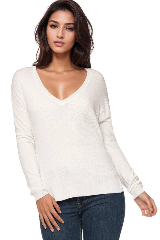 Zen Blend Emma Textured V-neck Pullover Sweater: White / Zen Blend / XS/S