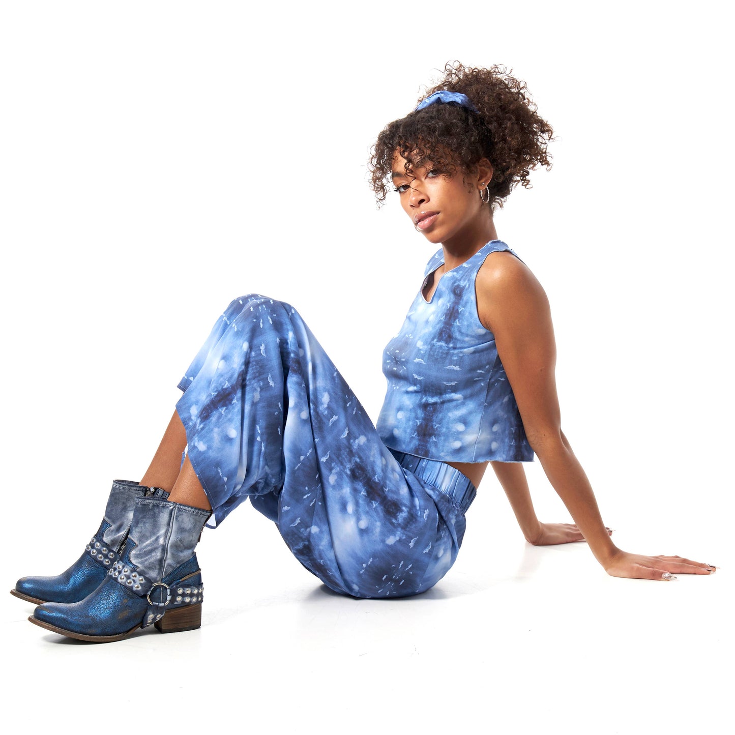 Babs Lightweight Wide Leg Pants - Blue Cloud Print: L