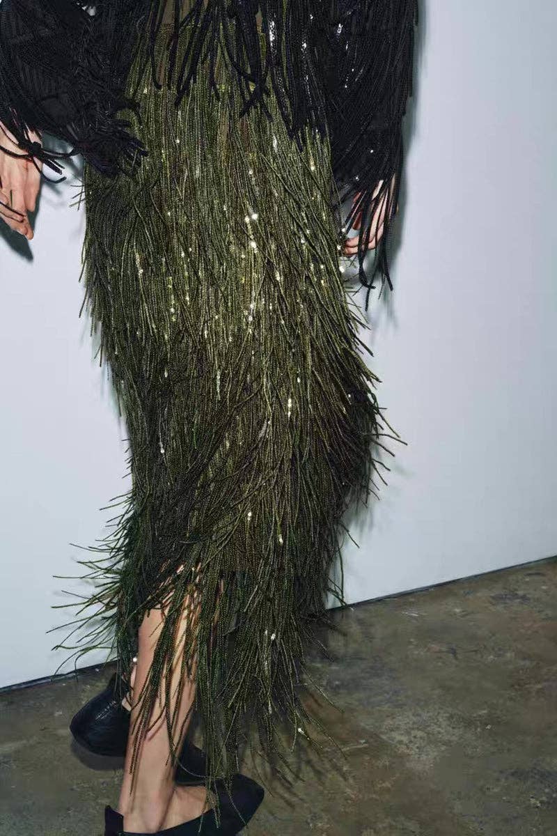 Fringe Maxi Skirt: GREEN / M