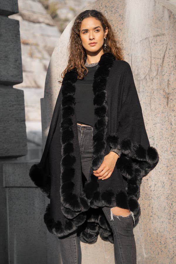 Faux Fur Cape Kimono: Black