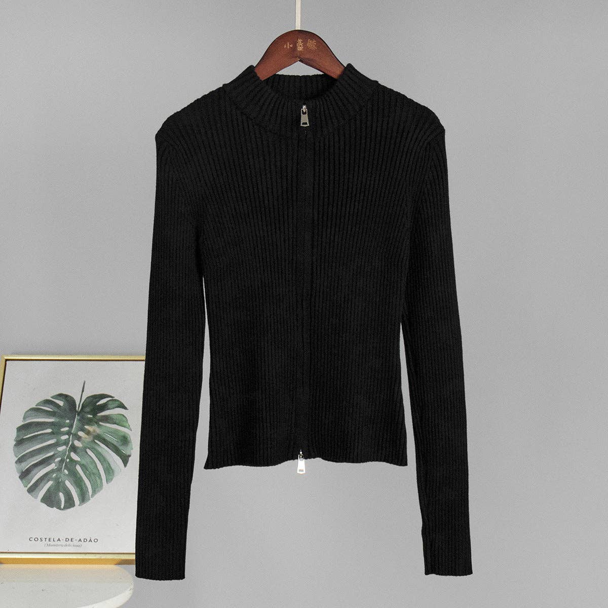 Casual Long Sleeve Cardigan Zipper Knit Jacket for Women: Black / M