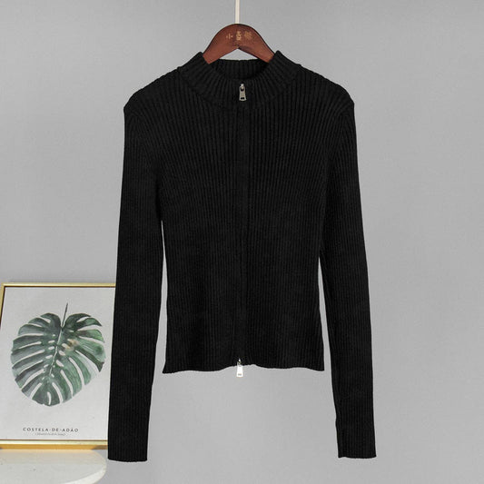 Casual Long Sleeve Cardigan Zipper Knit Jacket for Women: Black / M
