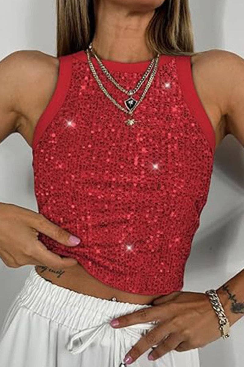 Leopard Print Sequin Tank Top: BLACK / XL