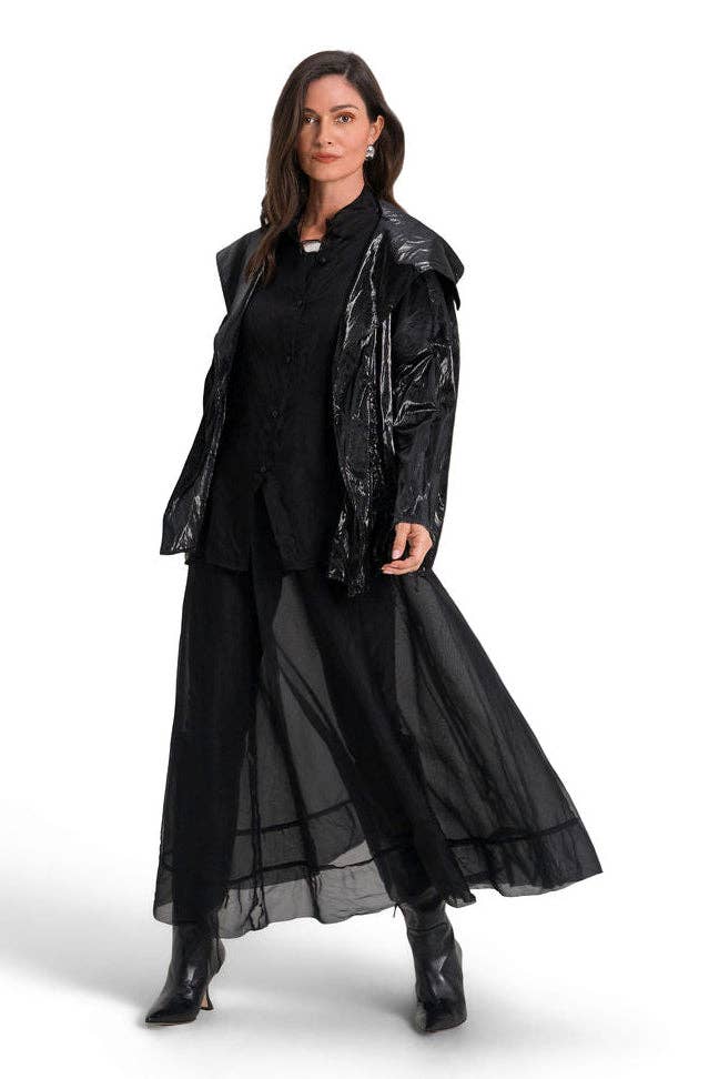 Vegan Crushed Patent Leather Drawstring Jacket - Black