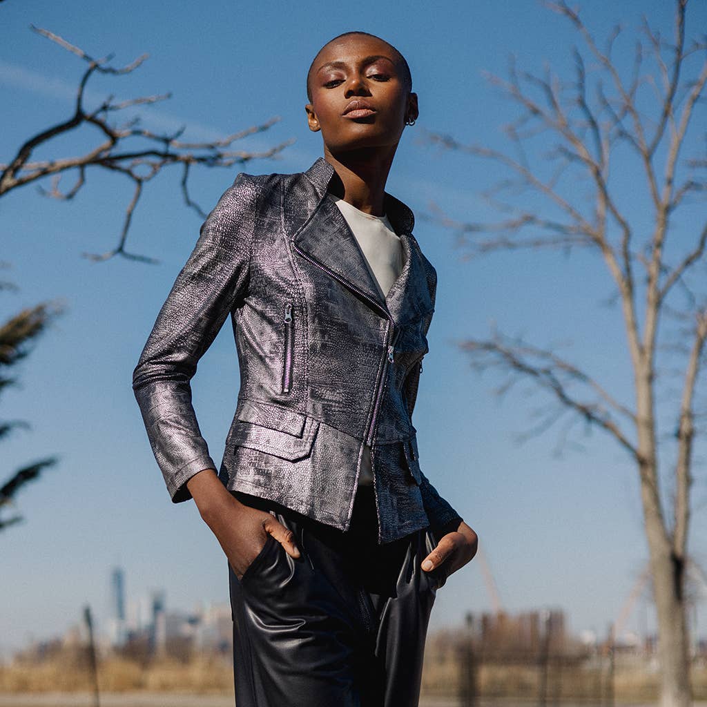 JK75SH - Metallic Liquid Leather ™ Textured Biker Jacket: Gun metal / XL