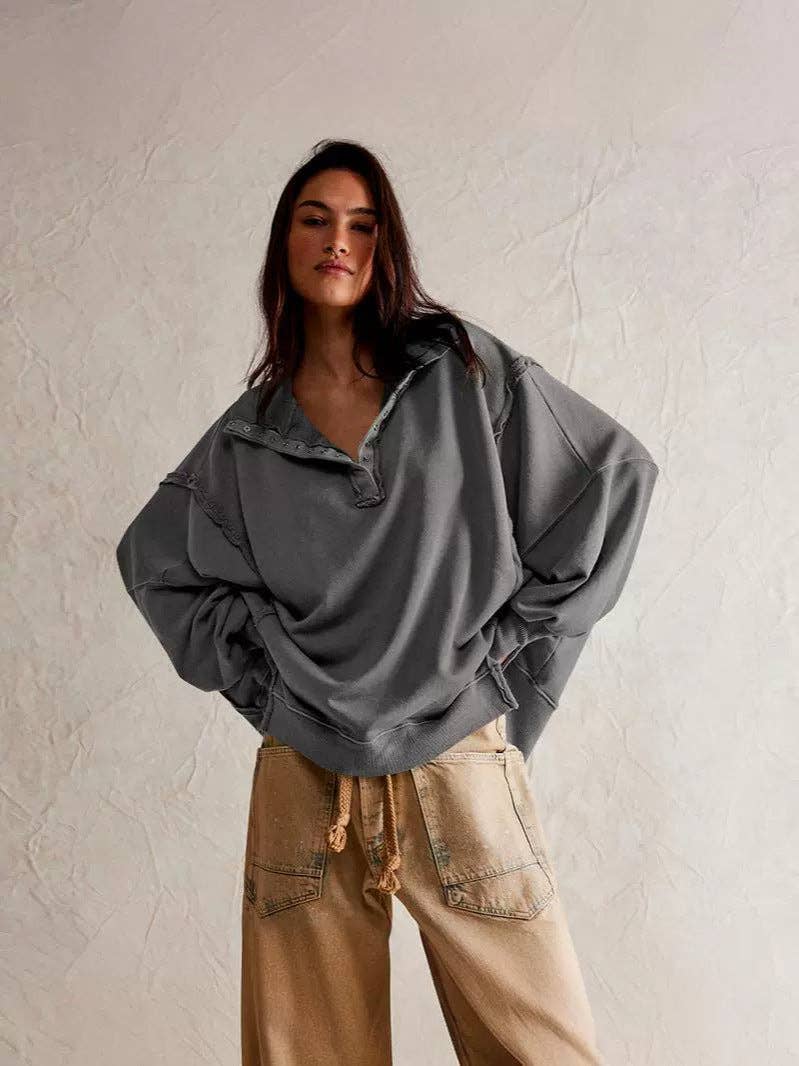 Trendy Casual Polo Neck Sweatshirt with Lantern Sleeves: E24W0340-006 / S