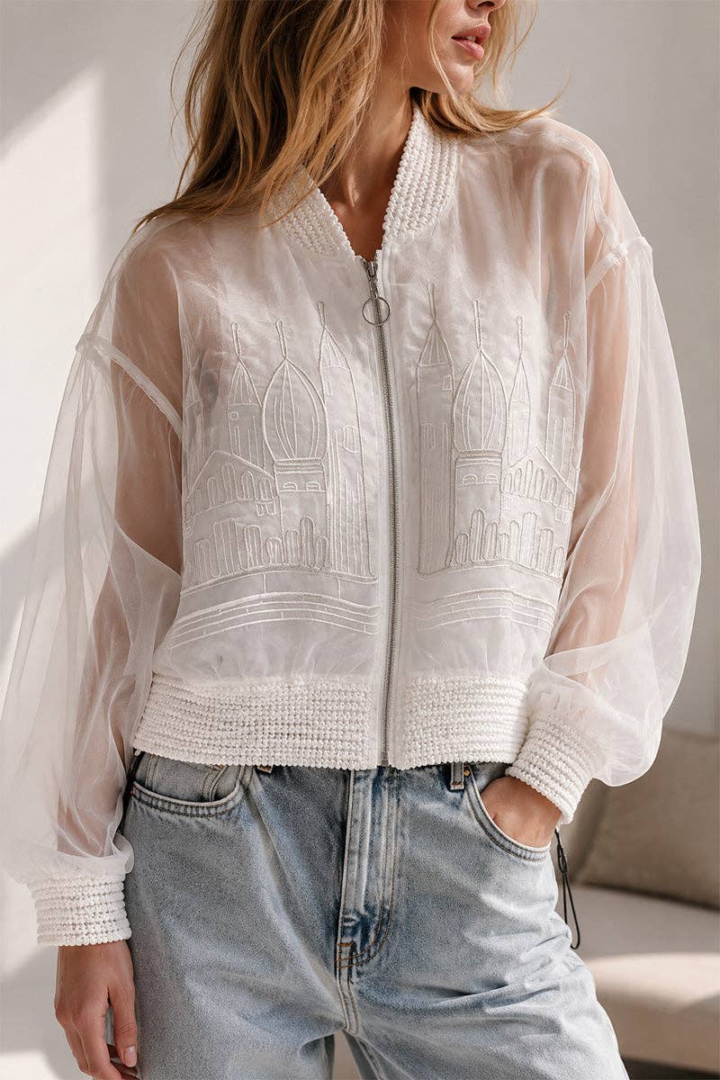 Sheer Castle Detail Bomber Jacket: WHITE / One Size