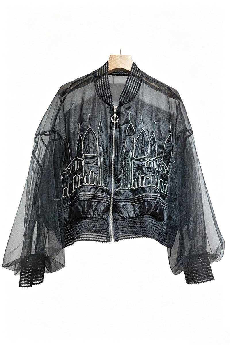 Sheer Castle Detail Bomber Jacket: WHITE / One Size