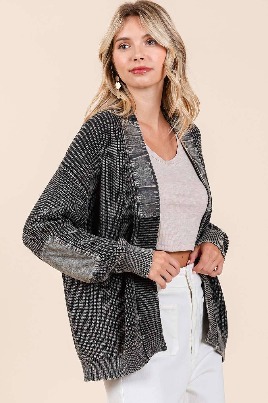 Mineral Wash Contrast Patch Open Front Cardigan S20805