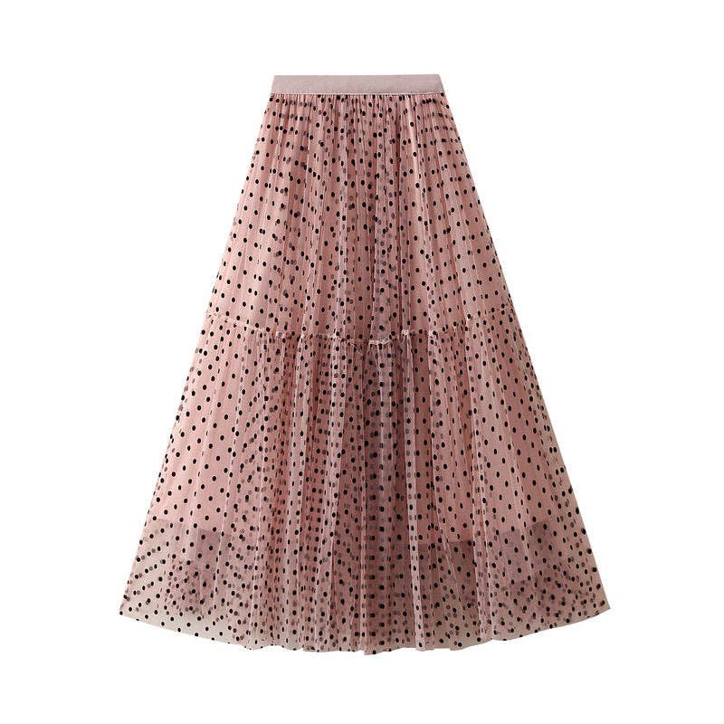 Flocked Polka Dot Mesh Skirt: BLACK / Average Size