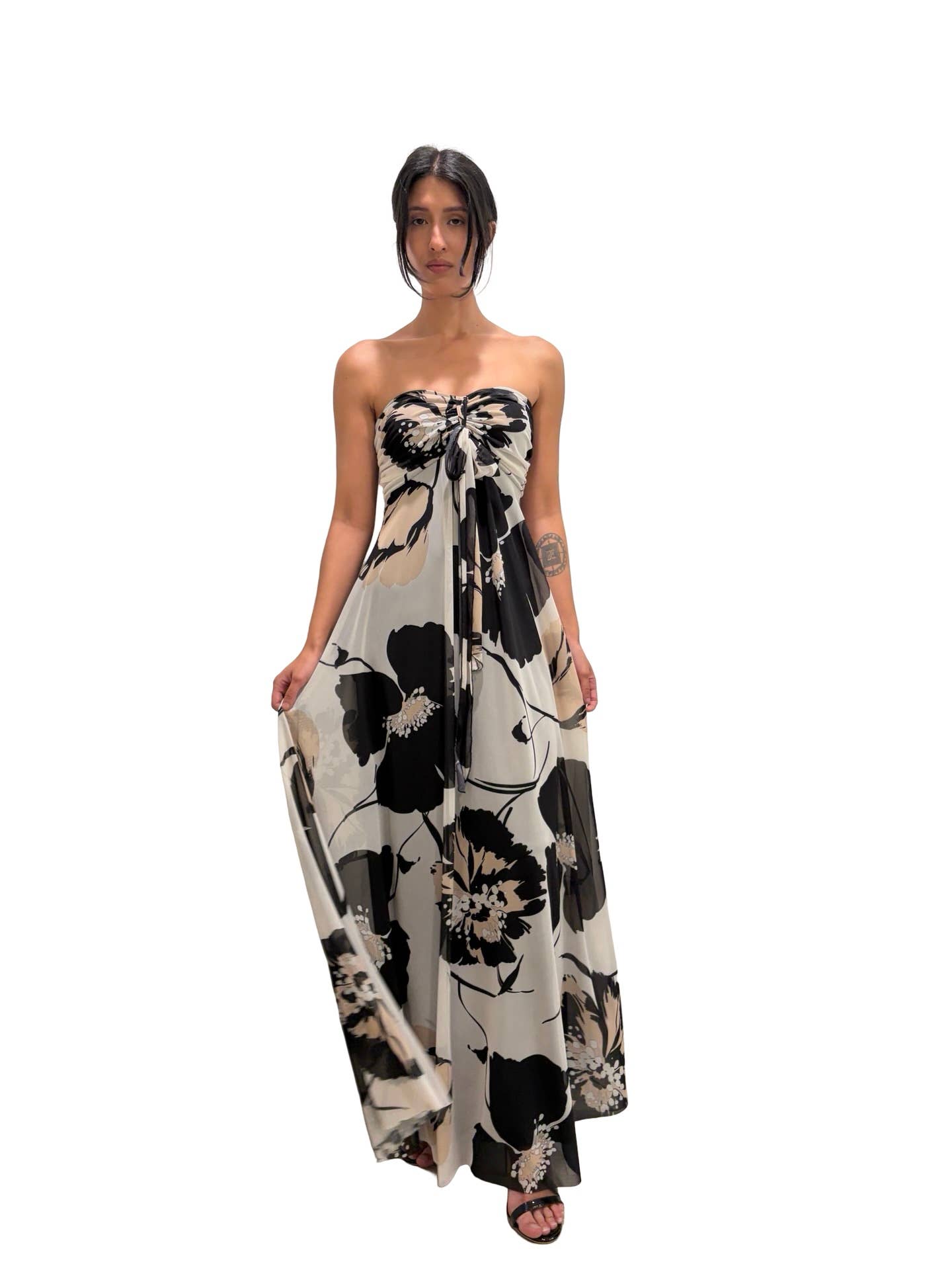 KATE Long Strapless Flared Empire Waist  Printed Mesh Dress : M