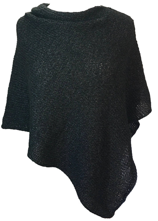 Alpaca Hand Knit Poncho Wrap: Black Granite