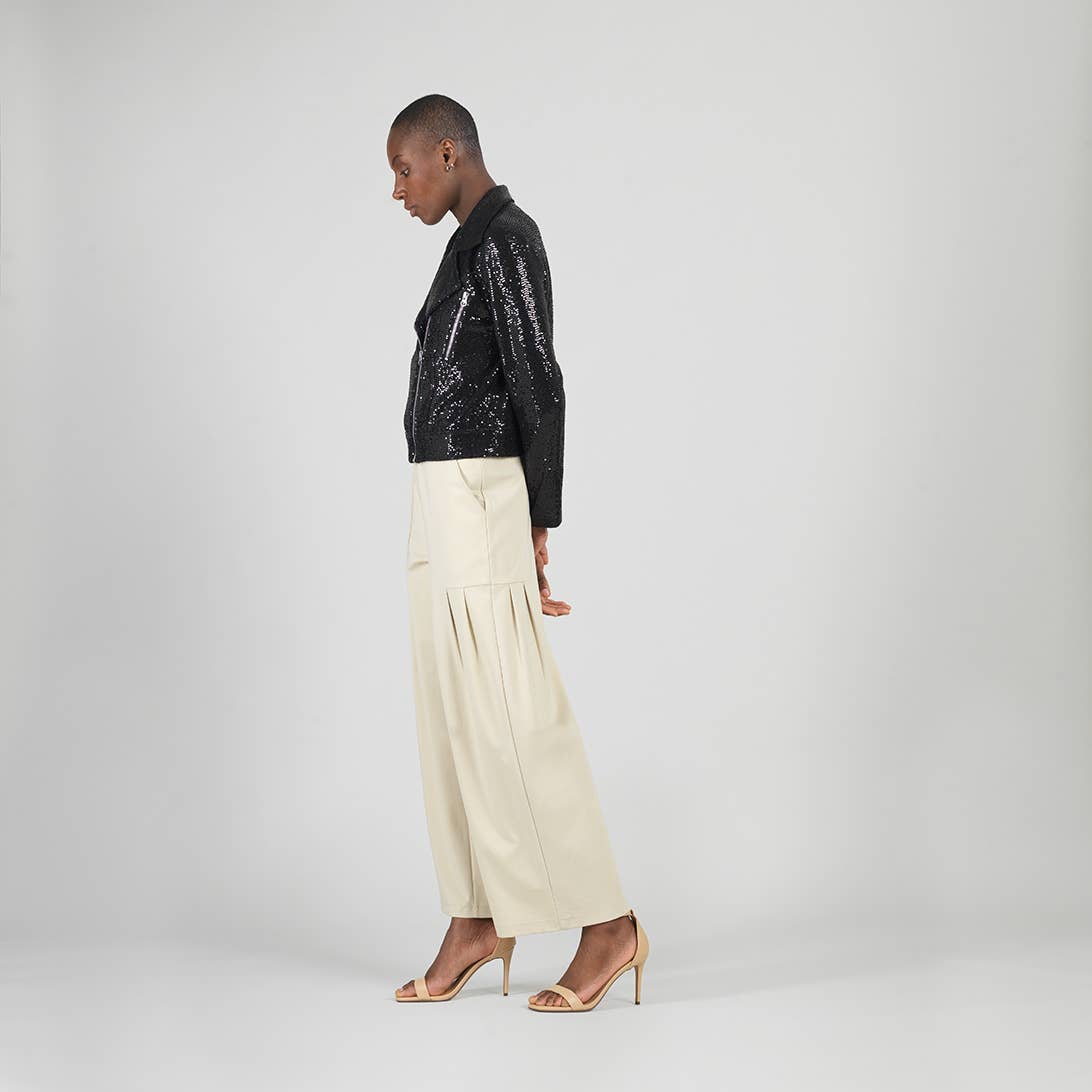 JK427S - Sequin Knit - Moto Waist Jacket: Champagne / S