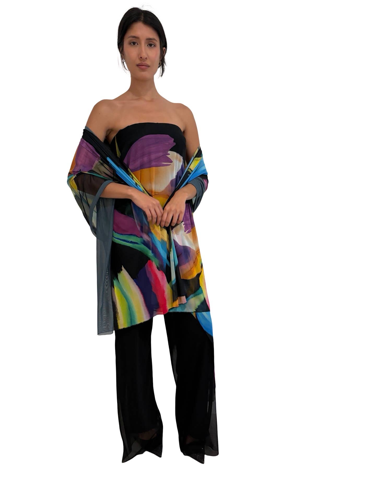 GLORY Solid Black Strapless Jumpsuit With Printed Overlay: XL