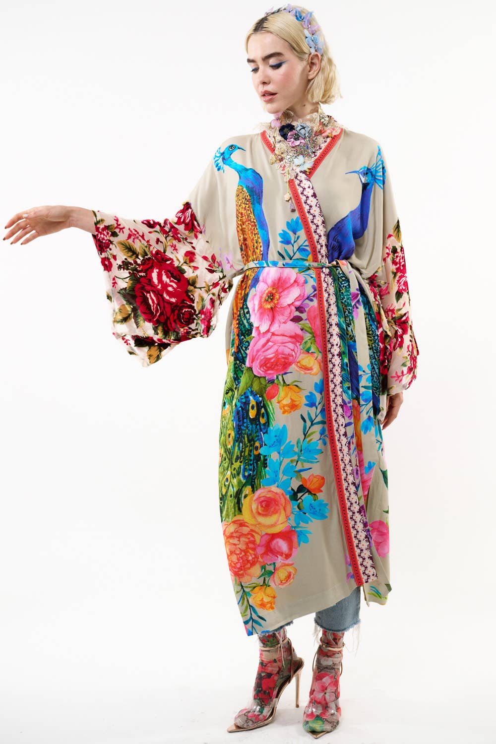 Fantasy Kimono - Beige |Peacock Mesh Sleeve Romantic Robe: Soft Moon / One Size