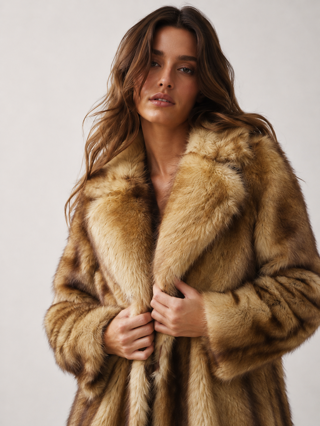 Sag Harbor Oversized Faux Fur Longline Coat Long Fur Coat: Camel / S/M
