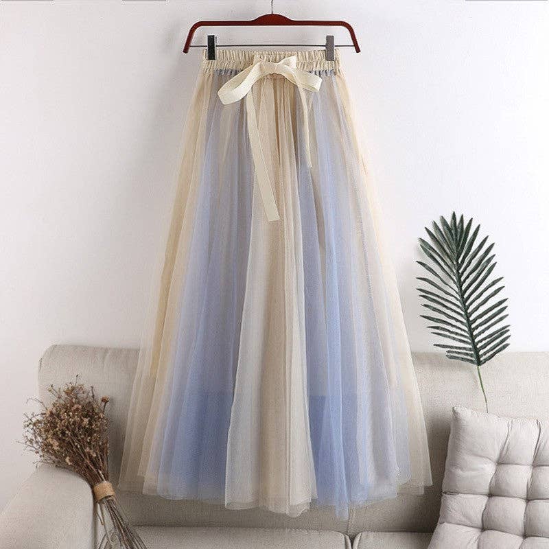 Color-Block Tulle Midi Puff Half Skirt: BLUE / One_size