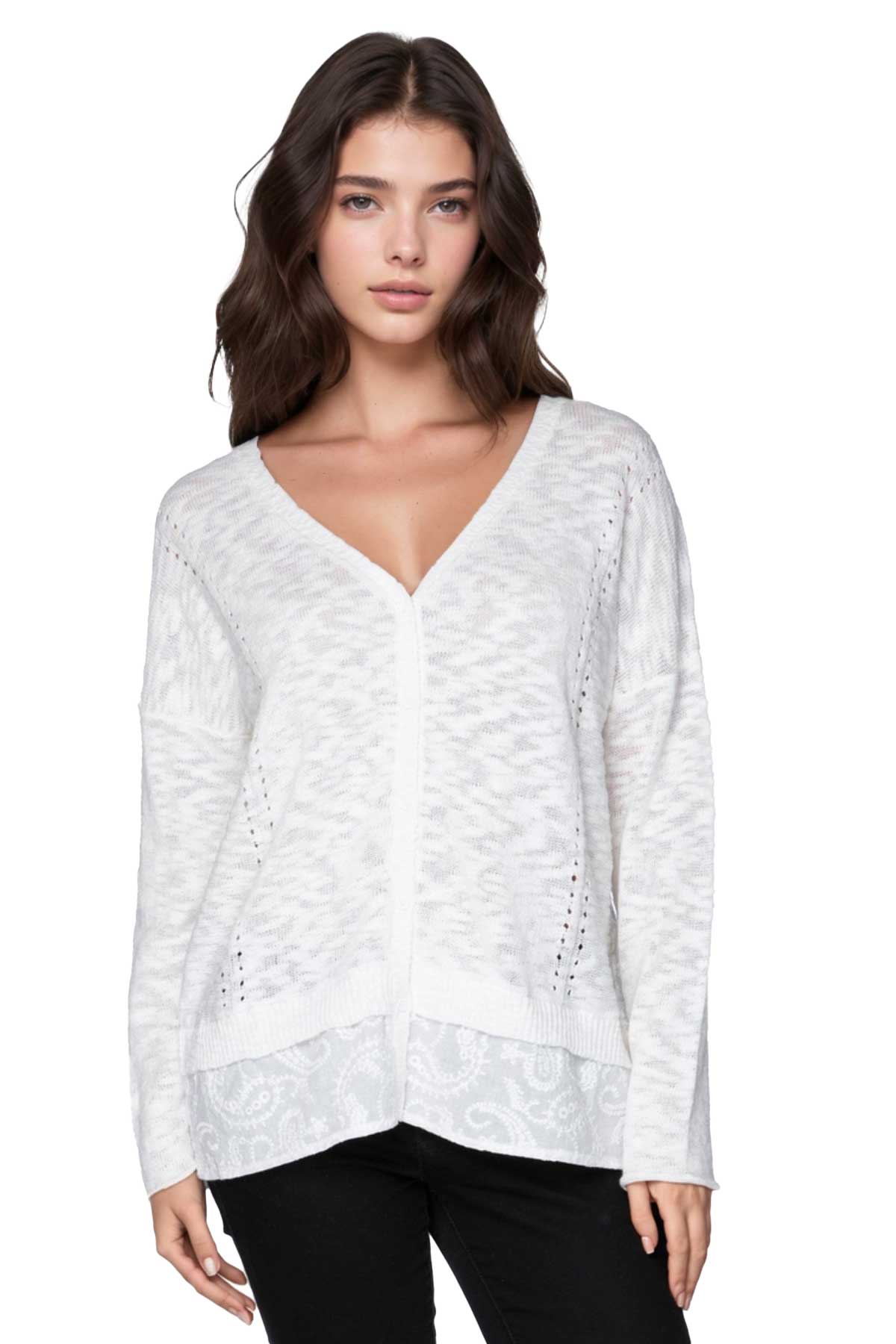 Slub Serenity Knit Sweater Mixed Media Cardigan: White / M/L