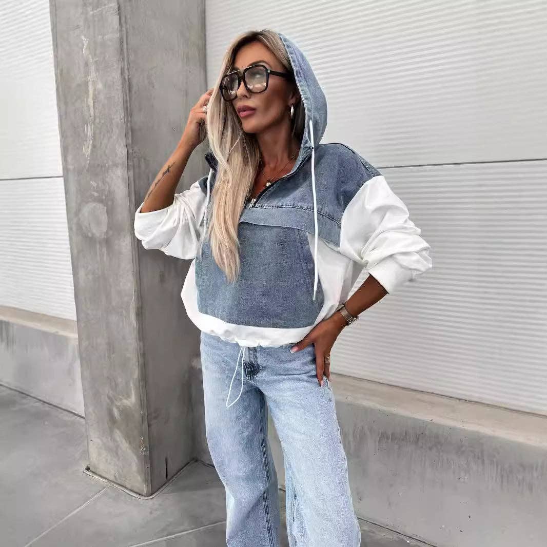Casual Oversized Denim Hoodie for Women: Black / L