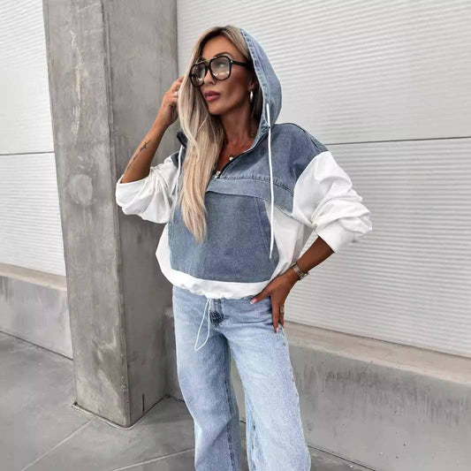 Casual Oversized Denim Hoodie for Women: White / S