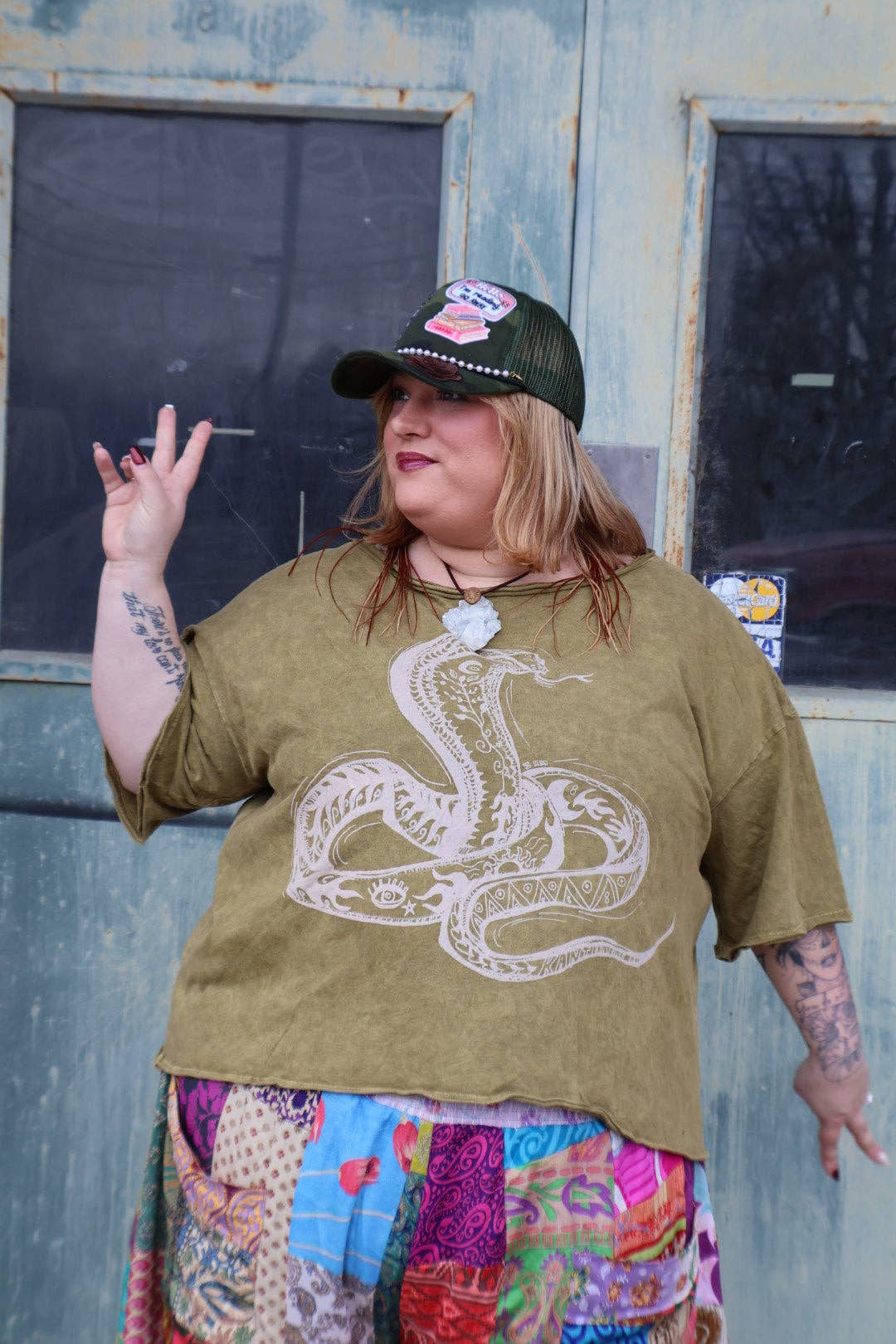 Kantha Bae Boxy Dream Tee - Olive - Snake Boho Graphic
