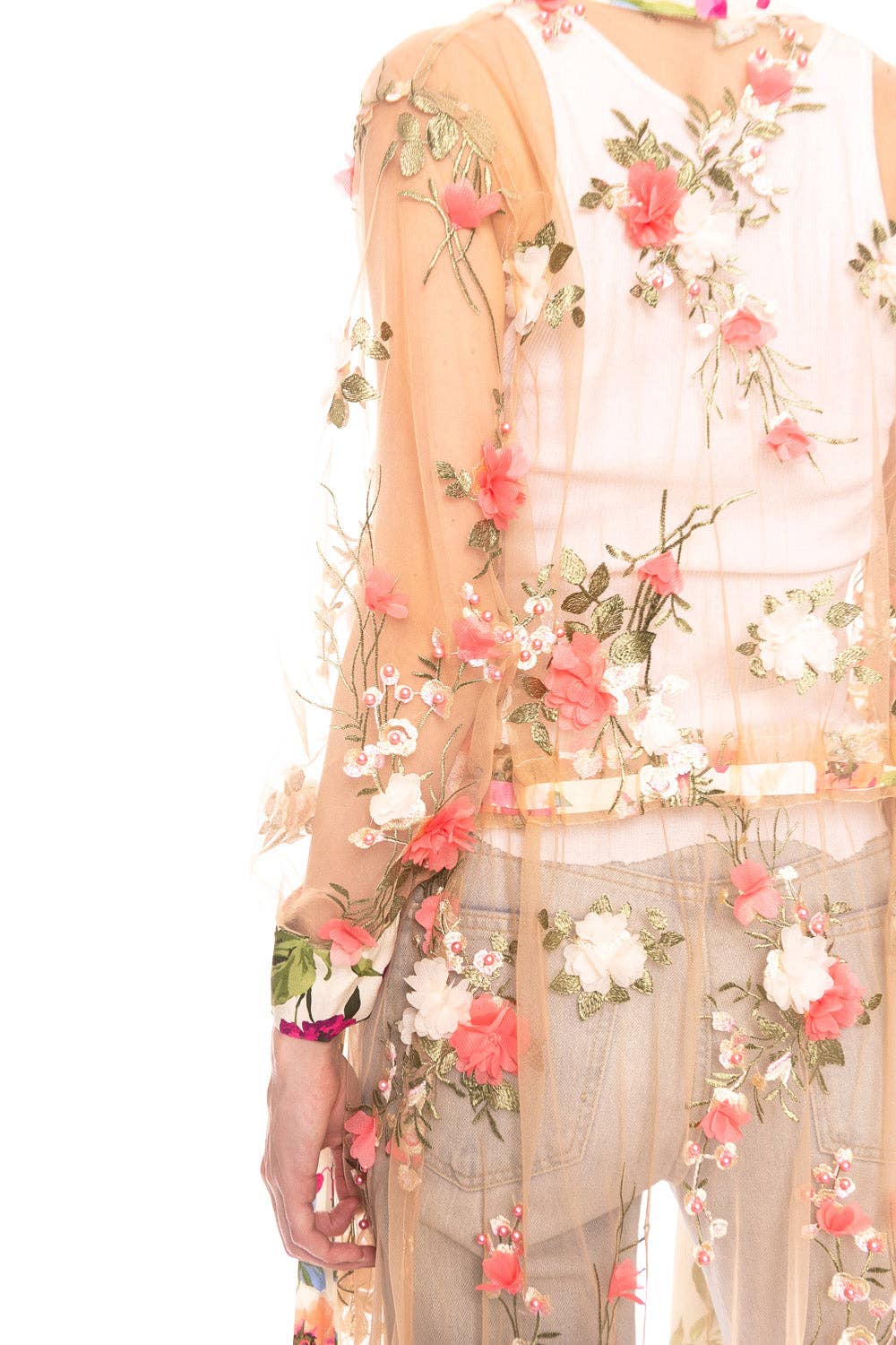 Floral Fantasy Kimono | Pink Floral Kimono | Mesh Kimono: Pink Floral Embroidery / L