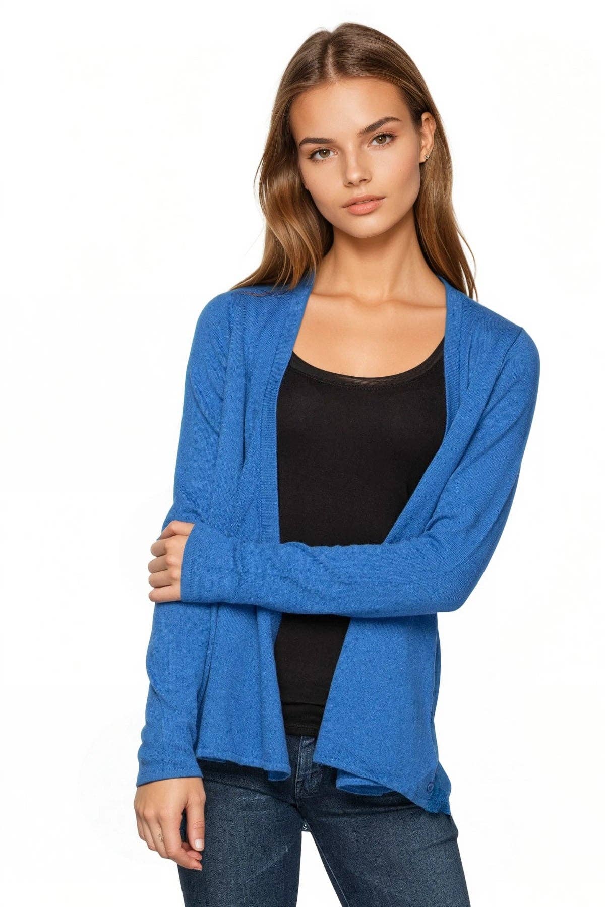 Effortless Silk Chiffon Panel Back Sweater Knit 2-Way Cardigan Wrap: Capri / S/M