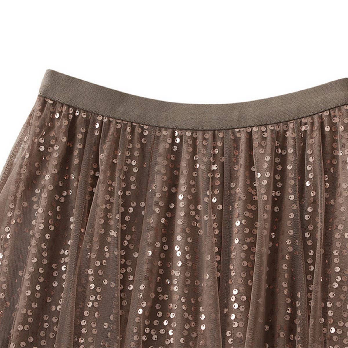 Sequin Tulle A-Line Maxi Skirt with Flowing Drape_CWBMS0377: Gray / (OS) 1
