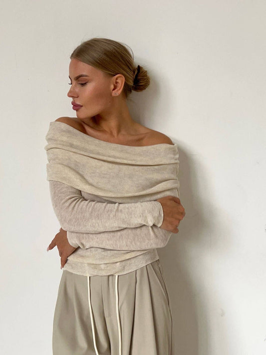 Off-Shoulder Knitted Top Slim Fit Solid Color Long Sleeve Pullover: Oatmeal / M