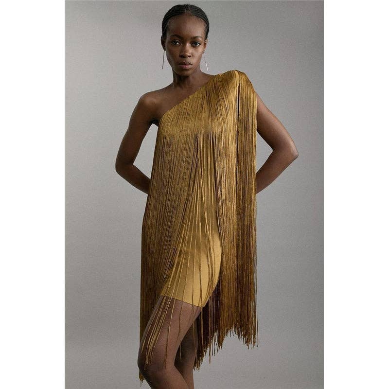 Elegant Fringe Party Dress Simple Flowing Evening Gown: Gold / M