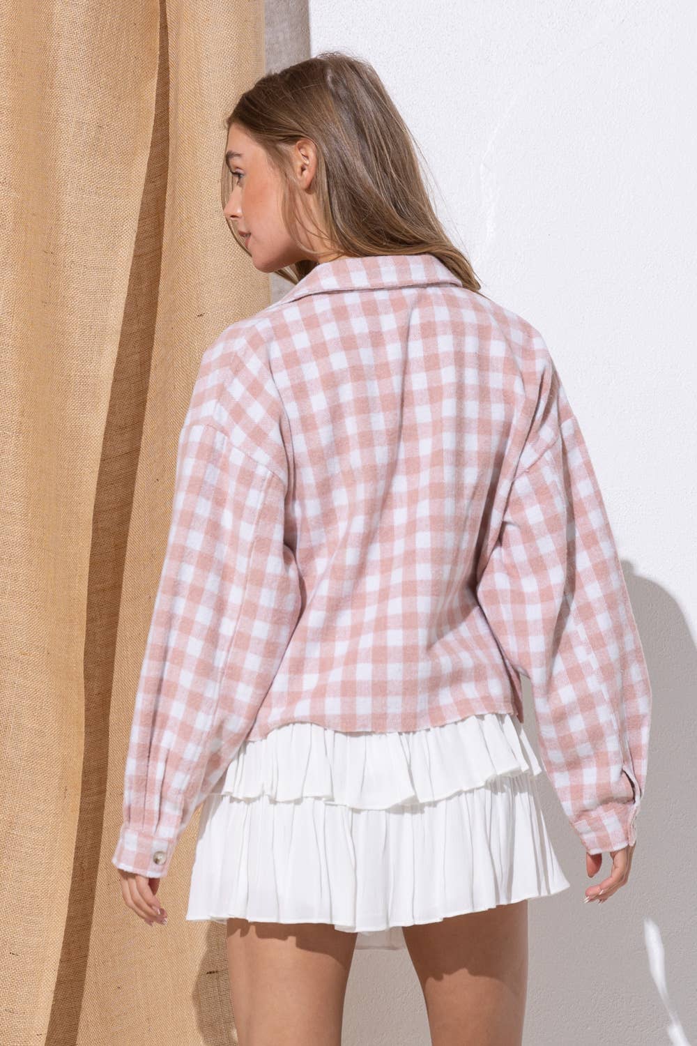 31857J - Yarn Dyed Brushed Crop Pocket Front Shirt Jacket: ROSE / M