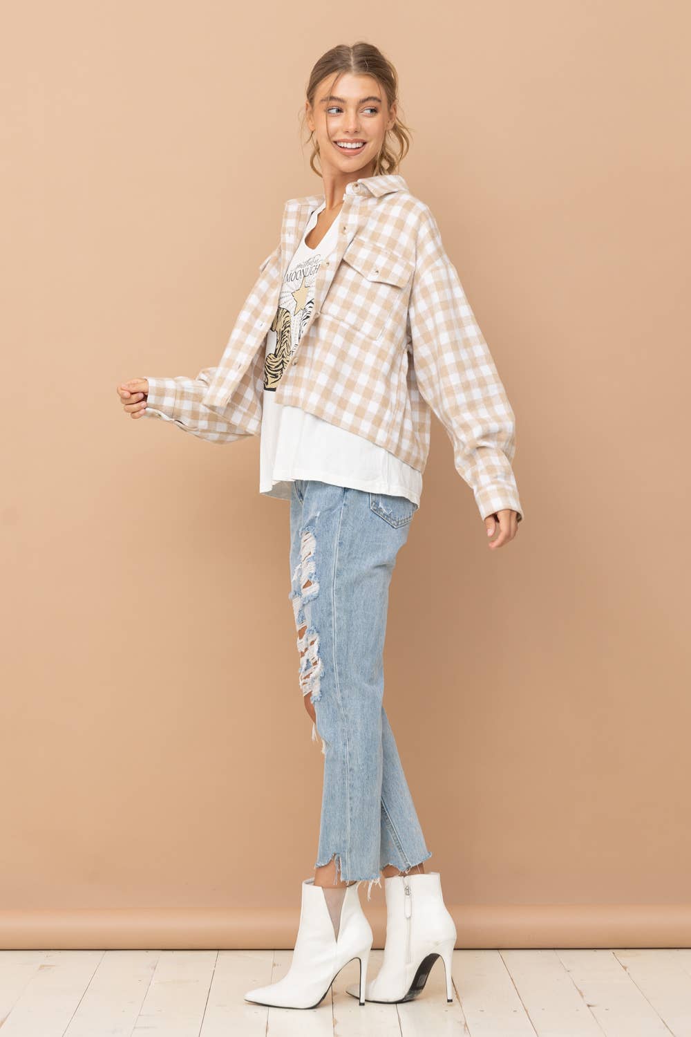 31857J - Yarn Dyed Brushed Crop Pocket Front Shirt Jacket: ROSE / L